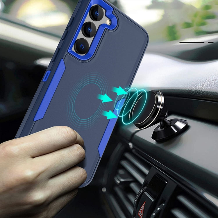 Blue 2 in 1 Magnetic PC + TPU Phone Case for Samsung Galaxy A03s, showcasing its sleek design and durable materials.